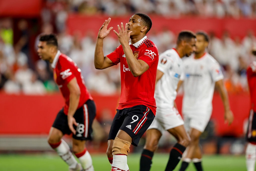 SEVILLE, SPAIN - APRIL 20: Anthony Martial of Manchester United looks and gestures dejected during the UEFA Europa League quarterfinal second leg match between Sevilla FC and Manchester United at Estadio Ramon Sanchez Pizjuan on April 20, 2023 in Seville, Spain. (Photo by Manu Reino/DeFodi Images via Getty Images)