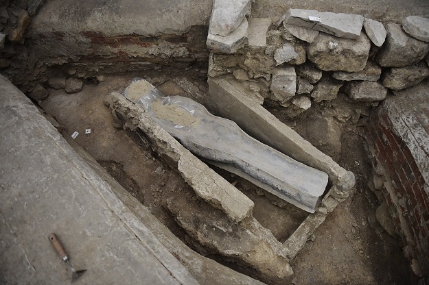 A picture shows a 14th century lead sarcophagus di