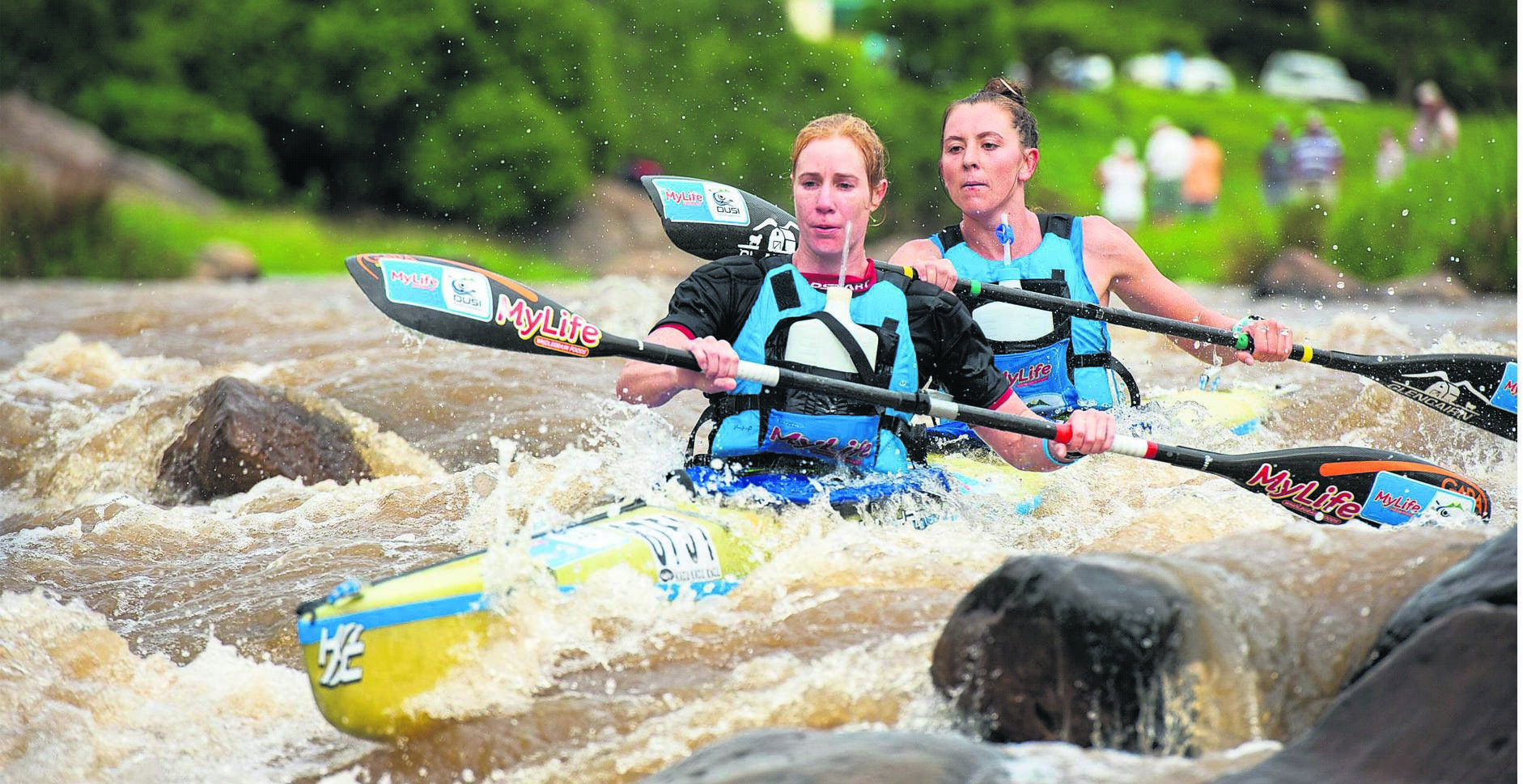 Abby Solms (front) and Bianca Haw prepare to win