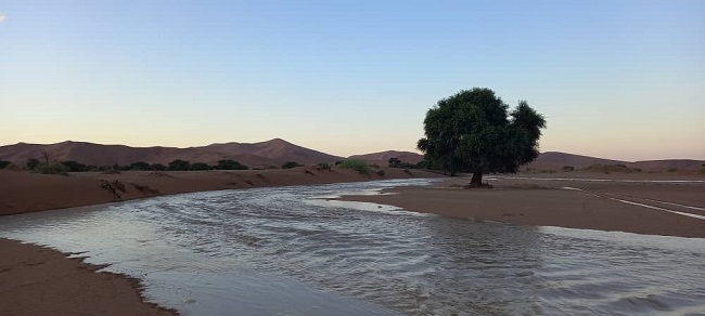 Kabbelende water in die Tsauchab vloei langs die ysteroksiedgekleurde rooi duine van die Namib op sy roete na Sossusvlei. Foto: John Titus