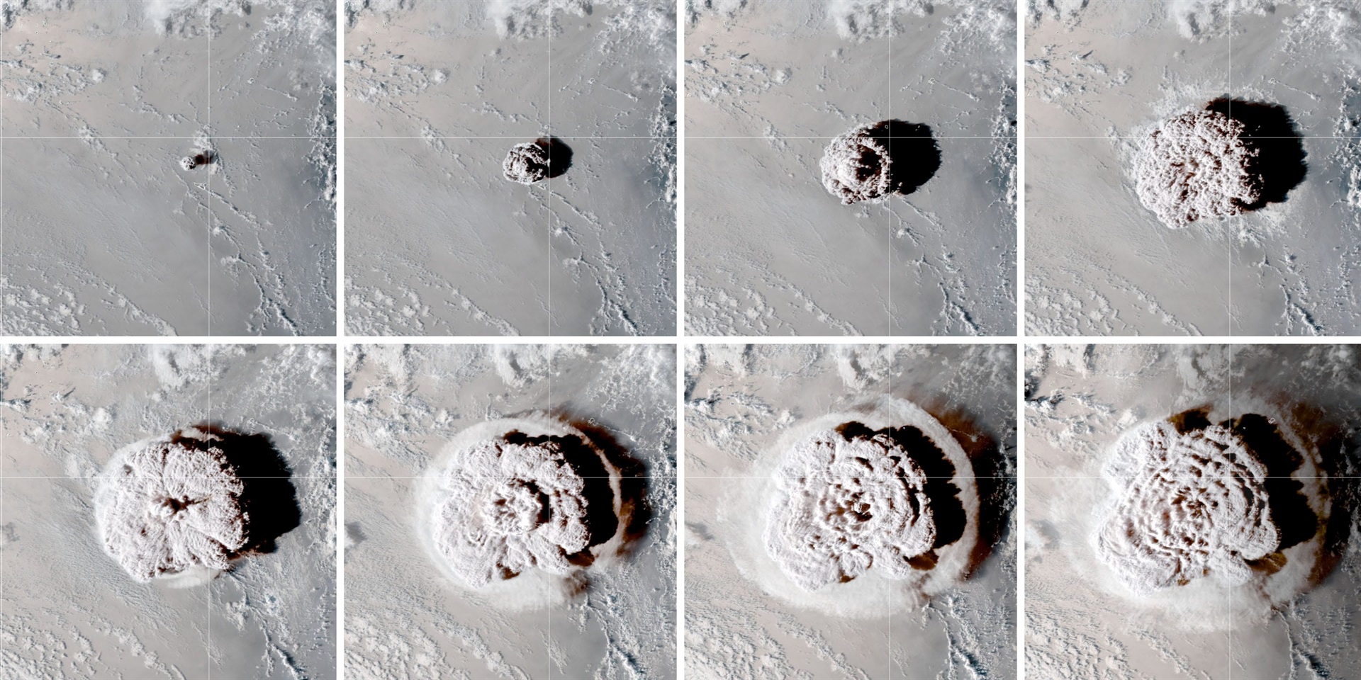 A sequence of still images from the GOES-17 satellite shows the Tonga plume at various stages on January 15, 2022.