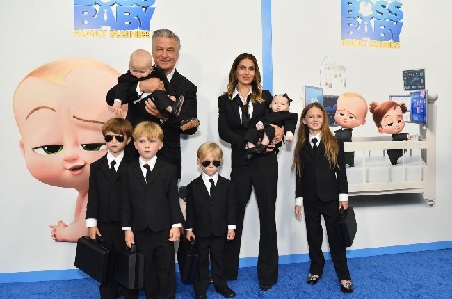 Alec Baldwin and his wife, Hilaria, attend the Boss Baby: Family Business premiere in June last year with their kids. From left are Rafael, Alec holding Eduardo, Leonardo, Romeo, Hilaria holding Lucia, and Carmen. (PHOTO: Getty Images/ Gallo Images)