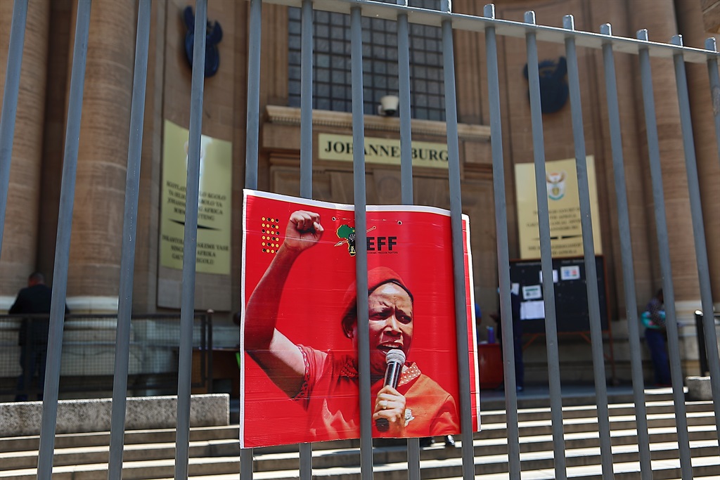 A poster of Julius Malema is displayed outside the Johannesburg Equality Court this week. Photo: Fani Mahuntsi/Gallo Images