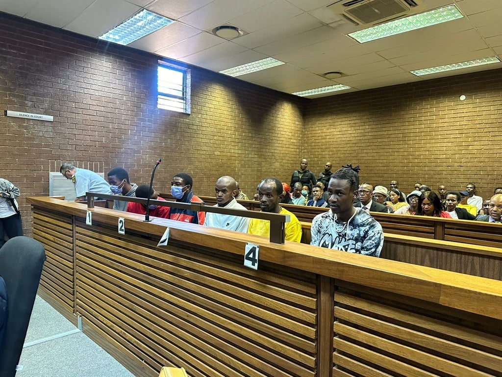Ndumiso Moswane, 26, Fernando Sive, 25, Nhlakanipho Dlamini, 21, Franky Xaba, 25; Maredi Mphahlele, 36 and Thembinkosi Hlomikhawu, 31, during their court appearance last week. (Iavan Pijoos/News24)