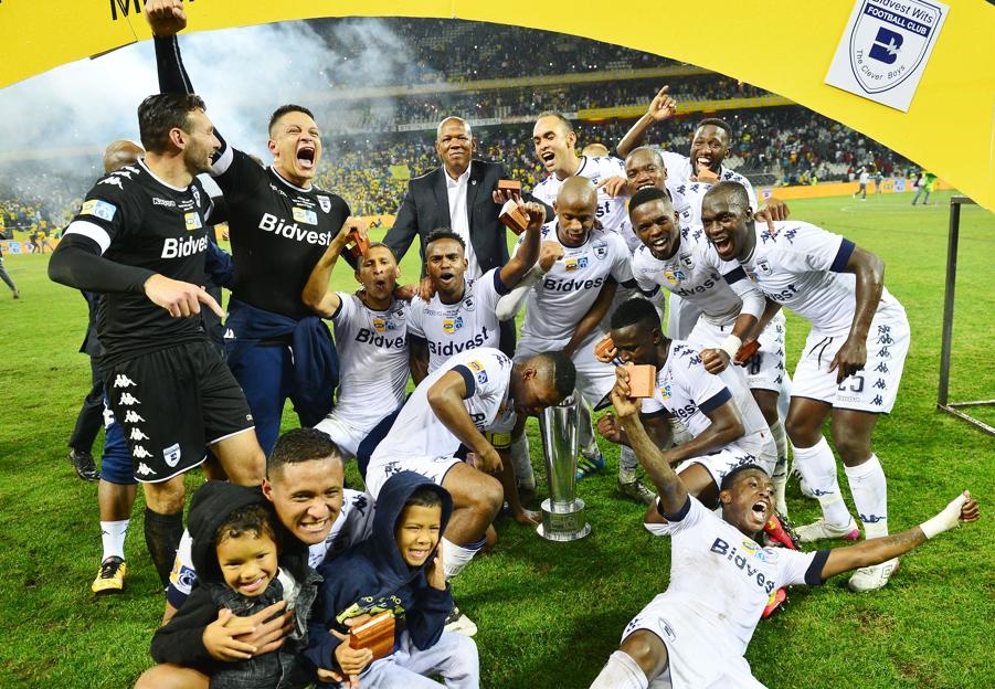 Bidvest Wits players celebrate their MTN8 victory.  Photo by Themba Makofane 