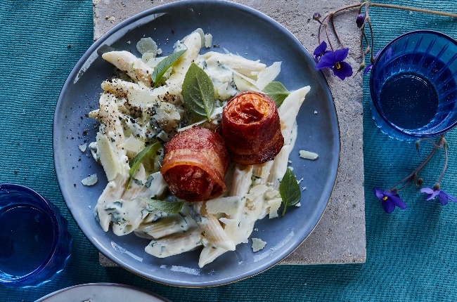 Caesar penne pasta with tomatoes wrapped in bacon. (Photo: Jacques Stander)