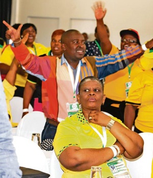 Supporters of Zandile Gumede (seated) disrupt the ANC eThekwini regional conference. Picture: Matthew Middleton
