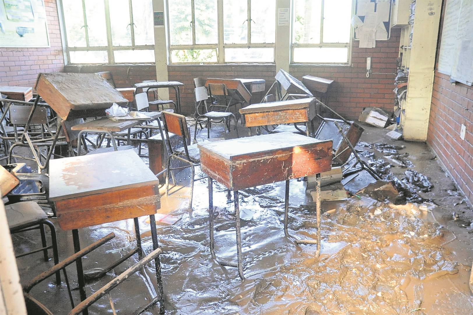 One of the 13 classrooms at Brettonwood High School in KZN that were flooded.             Photo by Jabulani Langa