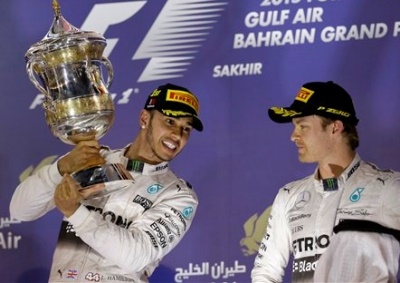 <b>MERC'S FEUDING PAIR: </b>Mercedes' Lewis Hamilton (left), winner of the 2015 Bahrain GP, and team mate Nico Rosberg. Hamilton is leading the 2015 title chase with 93 points, Rosberg has 66.<i> Image: AP / Luca Bruno</i>