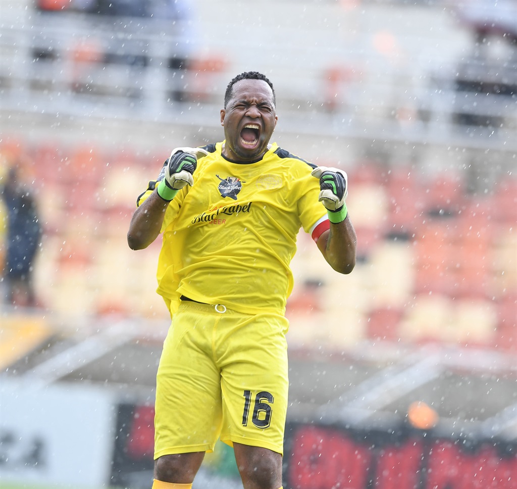 POLOKWANE, SOUTH AFRICA - JANUARY 06: Itumeleng Khune Carling All-Star XI celebrates team goal during the Carling Knockout match between Stellenbosch FC and Carling Knockout All-Star XI at Peter Mokaba Stadium on January 06, 2024 in Polokwane, South Africa. (Photo by Philip Maeta/Gallo Images)