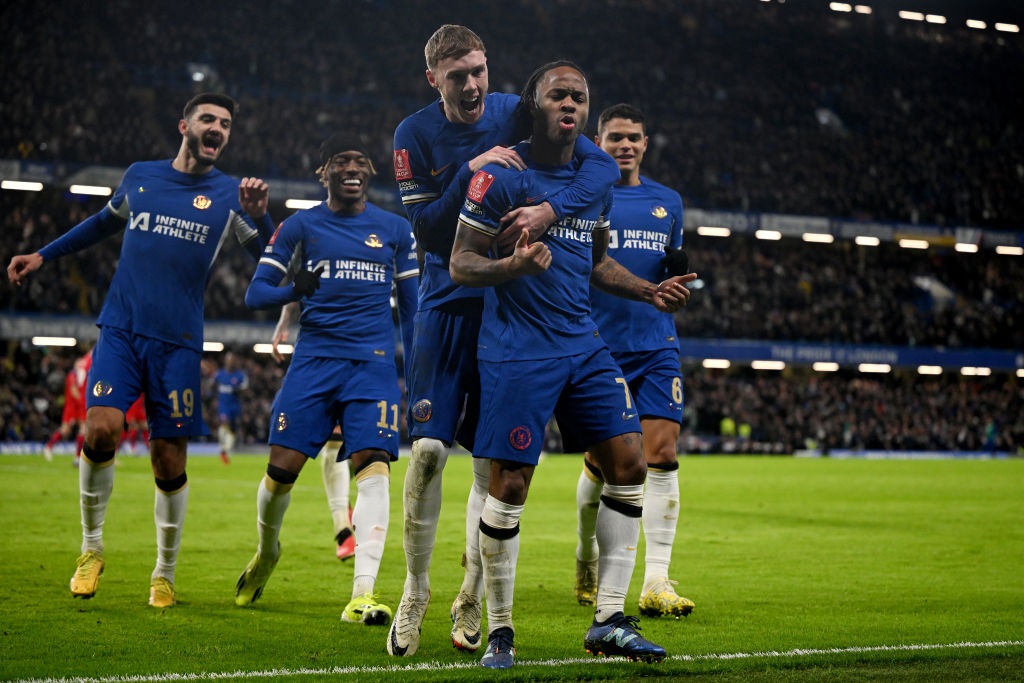 LONDON, ENGLAND - JANUARY 06: Raheem Sterling of Chelsea celebrates scoring his teams second goal with teammates during the Emirates FA Cup Third Round match between Chelsea and Preston North End at Stamford Bridge on January 06, 2024 in London, England. (Photo by Clive Mason/Getty Images)