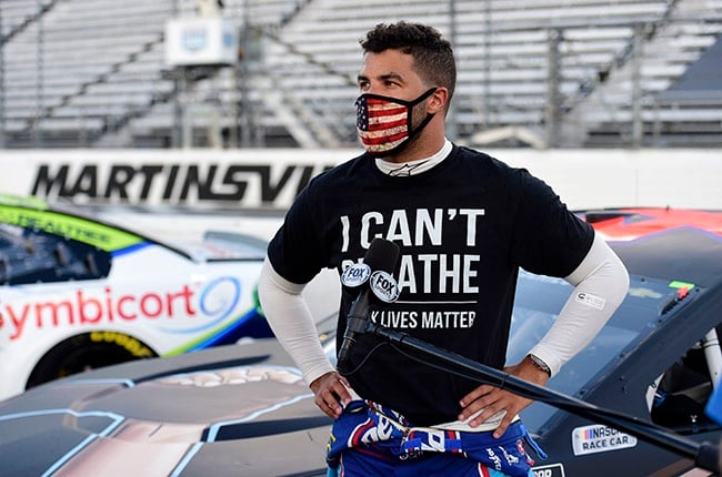 Bubba Wallace wears a 'I Cant Breathe - Black Lives Matter' t-shirt  at Martinsville Speedway on 10 June 2020 in Martinsville, Virginia. 