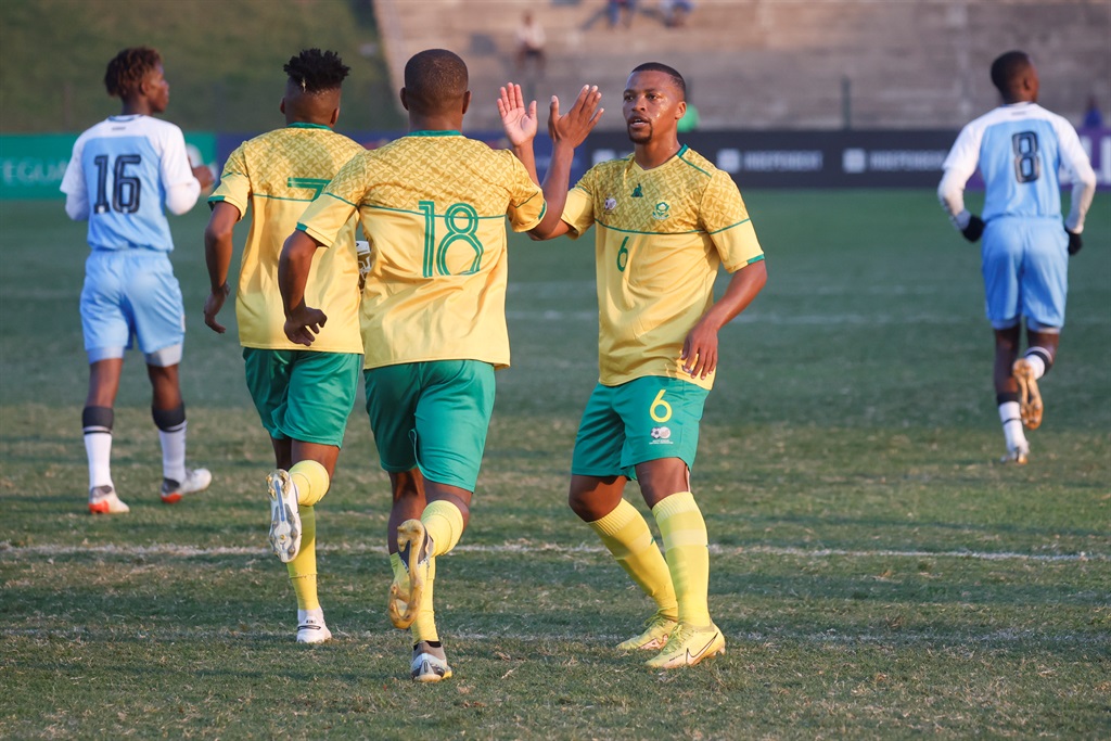 DURBAN, SOUTH AFRICA - JULY 08: Iqraam Rayners and Themba Sikhakhane of South Africa celebrate the equaliser during the 2023 COSAFA Cup match between South Africa and Botswana at King Zwelithini Stadium on July 08, 2023 in Durban, South Africa. (Photo by Rogan Ward/Gallo Images)