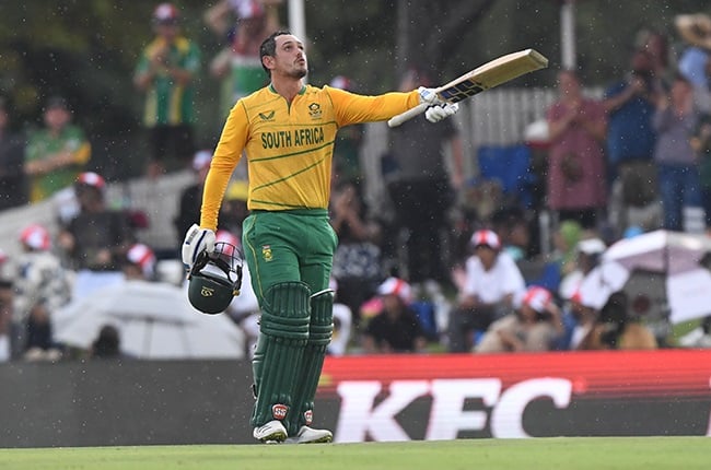 Quinton de Kock celebrates his century. (Photo by Sydney Seshibedi/Gallo Images)