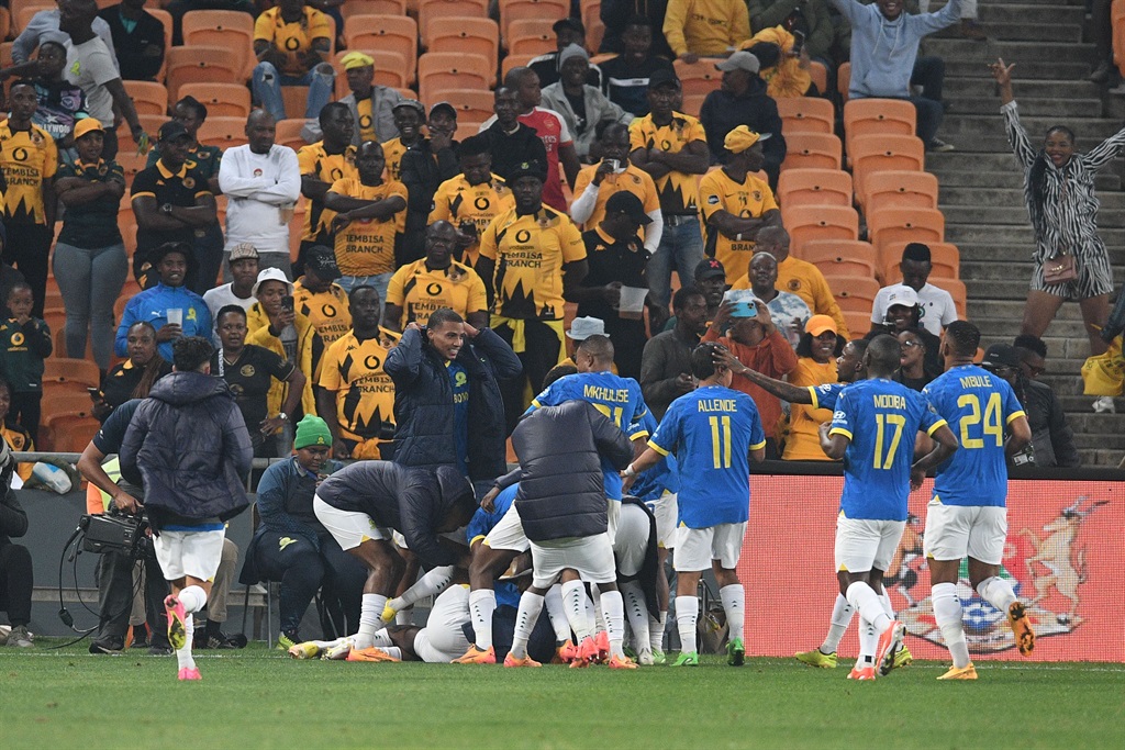Mamelodi Sundowns players celebrate during the DStv Premiership match between Kaizer Chiefs and Mamelodi Sundowns at FNB Stadium on 2 May 2024 in Johannesburg, South Africa.