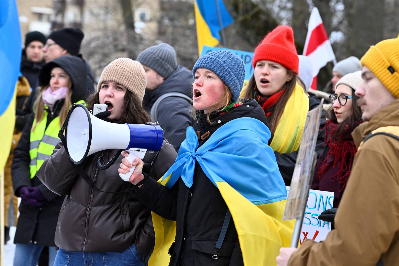 Protesters gather during a rally against Russia's invasion of Ukraine, in front of the Russian Embassy in Stockholm, Sweden on February 24.Photo: Claudio Bresciani/TT News Agency/via Reuters