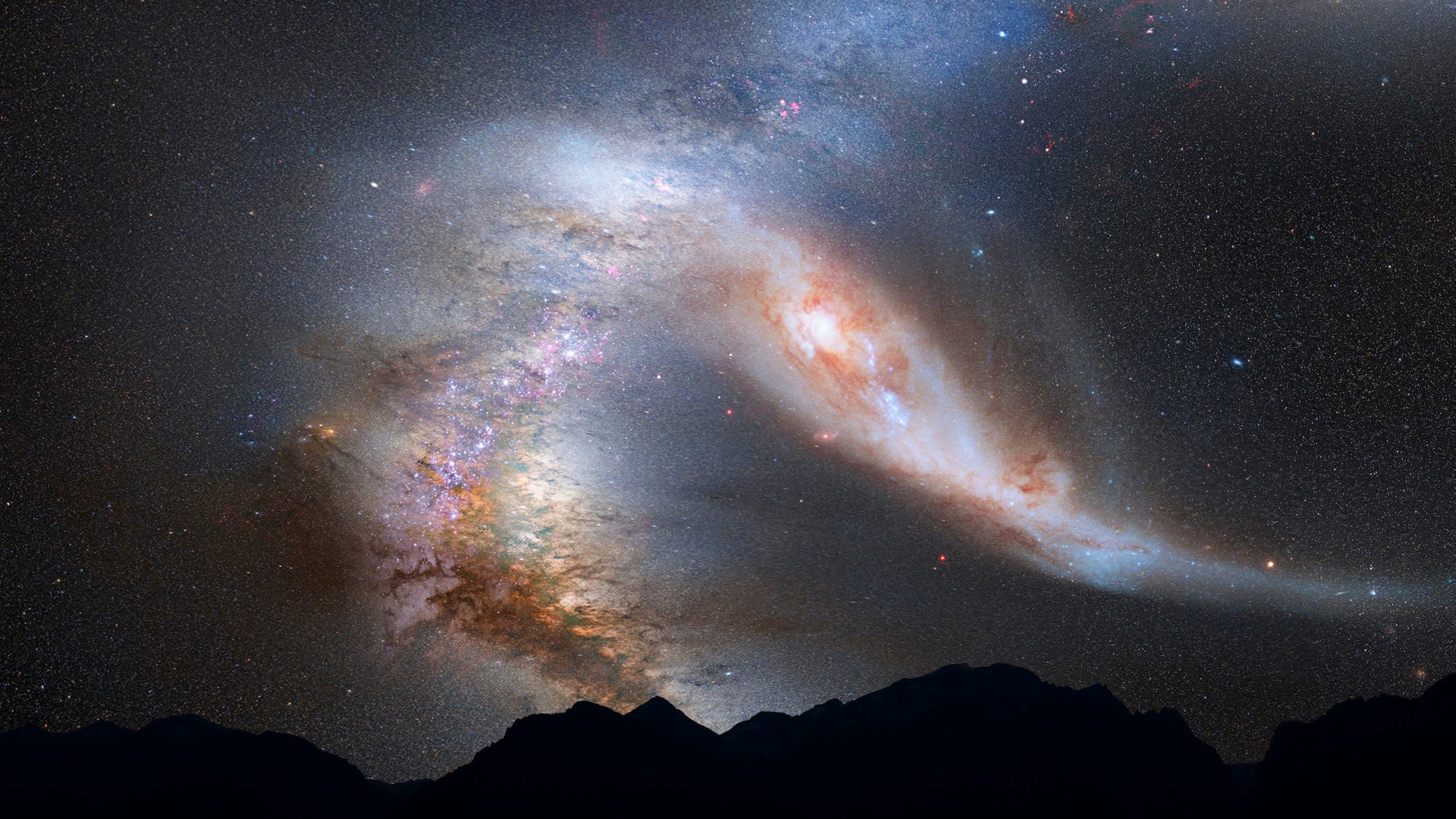 An illustration shows the Andromeda galaxy interacting with the Milky Way, as it would appear from Earth about 3.75 billion years from now. NASA, ESA, Z. Levay and R. van der Marel (STScI), 