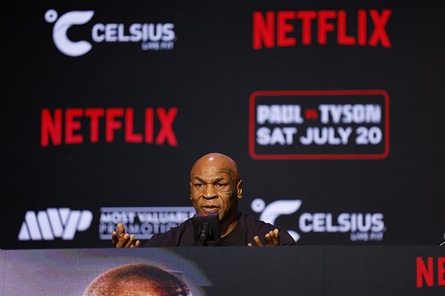 Mike Tyson during a press conference at The Apollo Theater in New York City on 13 May 2024. (Sarah Stier/Getty Images for Netflix)