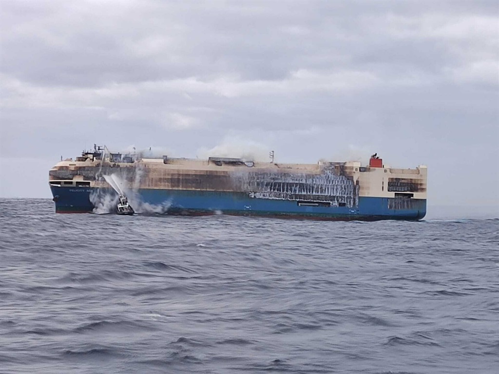 The Felicity Ace ship carrying luxury cars, is seen as it is adrift in the middle of the Atlantic Ocean after it caught fire, on February 18, 2022. Photo: Getty
