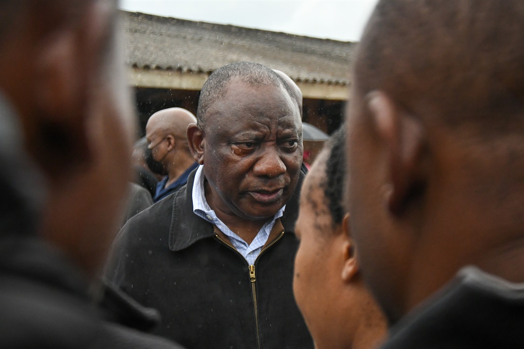 President Cyril Ramaphosa visiting flood-hit parts of KwaZulu-Natal last week to offer support to the affected communities and assess the response of the government and civil society. (Photo by Gallo Images/Darren Stewart)