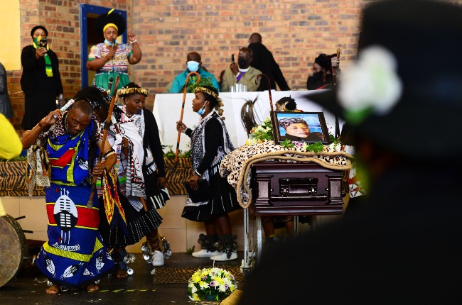 Gogo Jostina Sangwena's funeral at Naledi Community Hall in Soweto last year. To her family's dismay, the trial of the men accused of setting her alight was this week postponed to 10 March 2022.