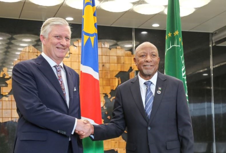  Belgium’s King Philippe (left) with Namibian president Nangolo Mbumba earlier this week. (Namibian Presidency/X).