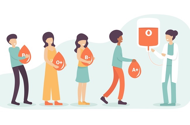 Volunteers people characters hold drops og blood for donation and help sick people. Blood types, different variation. Flat vector cartoon illustration for landing page, template, website, app.