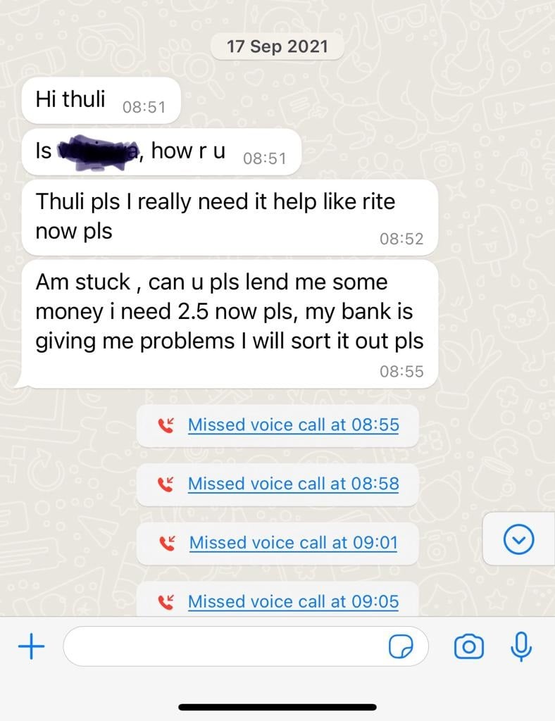 WhatsApp message to Thuli Madonsela.