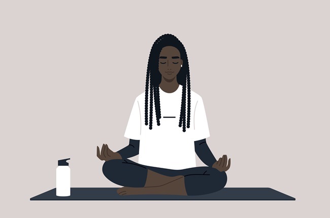 Young calm female Black character meditating in a 