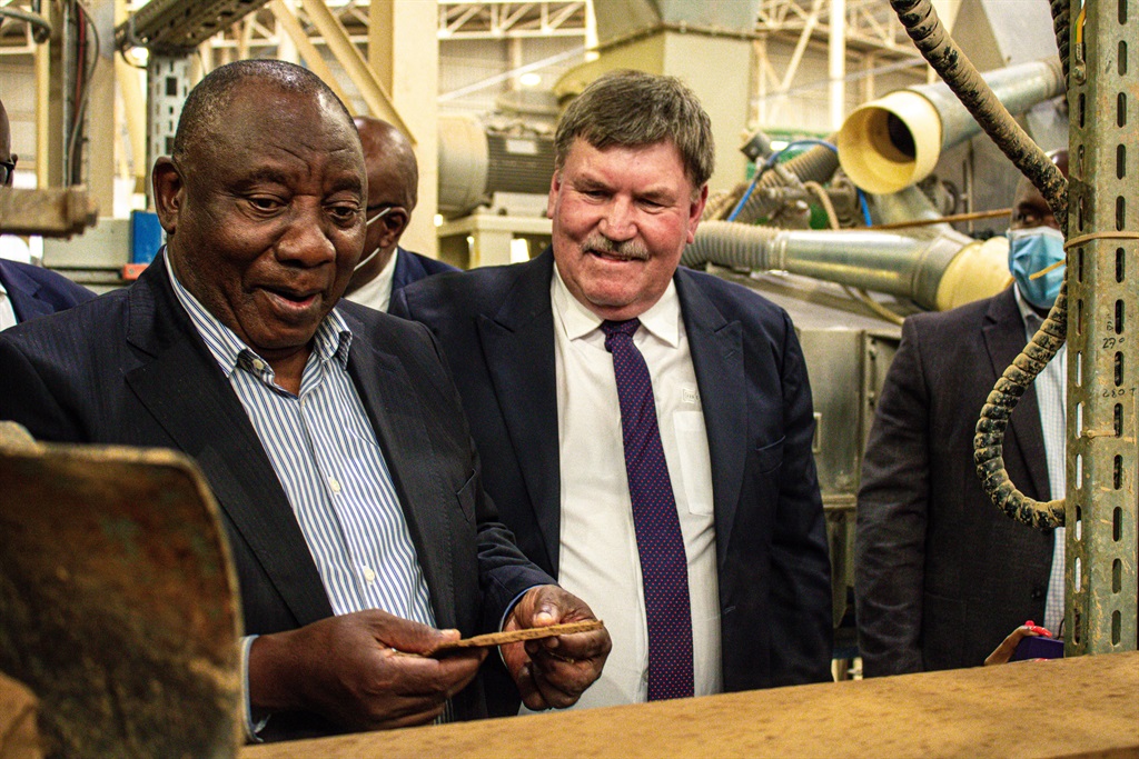 President Cyril Ramaphosa and Corobrik CEO Nick Booth at the launch of the Kwastina brick plant. (Image: Business Insider South Africa/Ntando Thukwana)