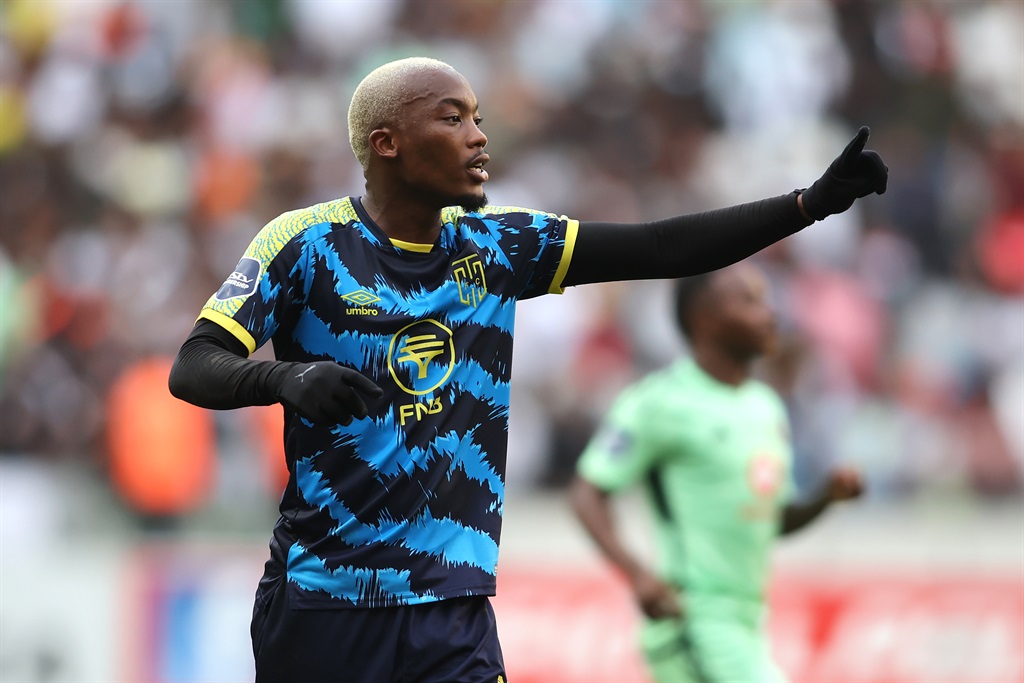 CAPE TOWN, SOUTH AFRICA - MAY 01: Khanyisa Mayo of Cape Town City during the DStv Premiership match between Cape Town City FC and Orlando Pirates at DHL Cape Town Stadium on May 01, 2024 in Cape Town, South Africa. (Photo by Shaun Roy/Gallo Images)