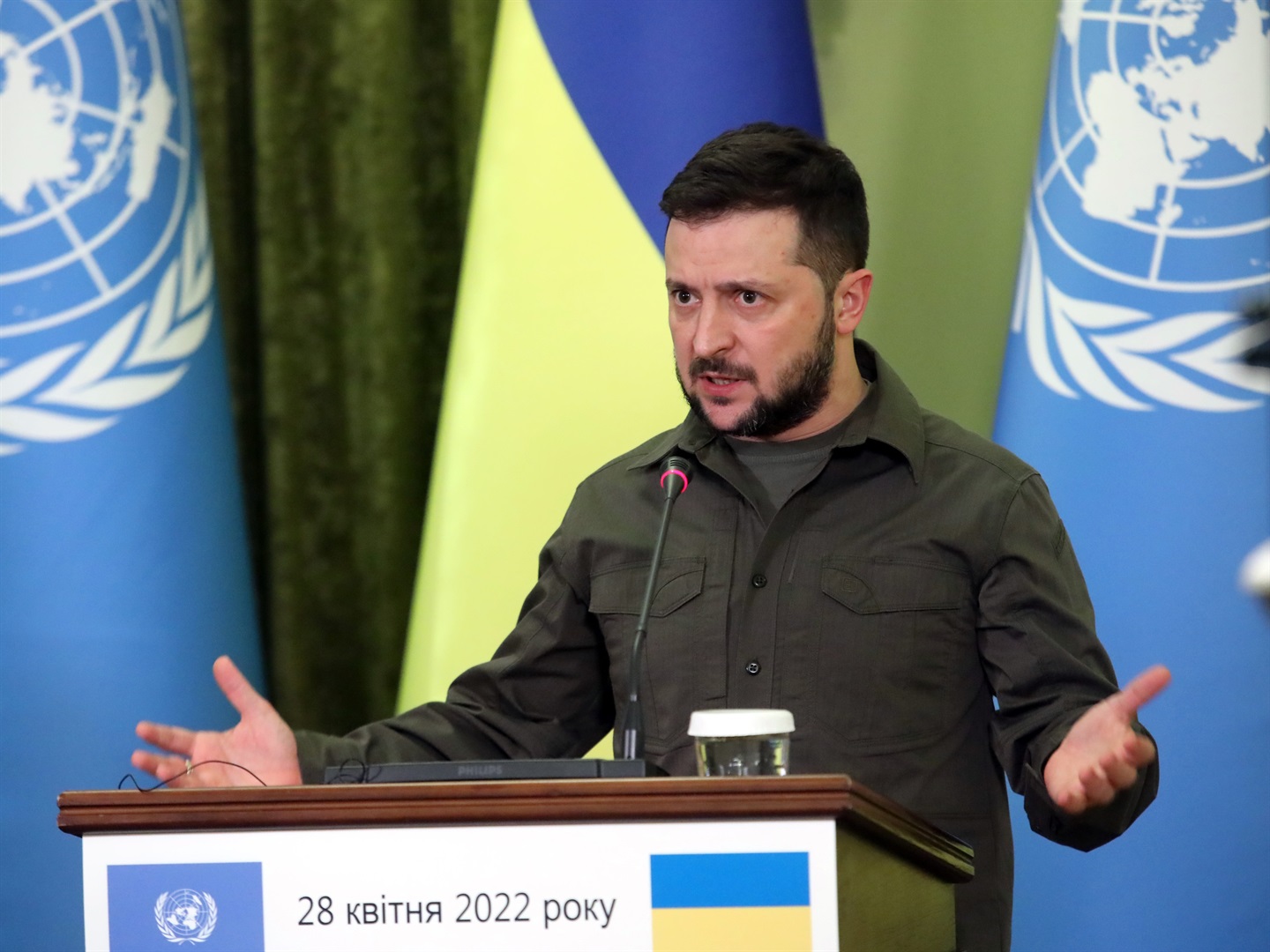 President of Ukraine Volodymyr Zelenskyy is pictured during a joint press conference with UN Secretary-General Antonio Guterres in Kyiv, capital of Ukraine, on April 28, 2022.