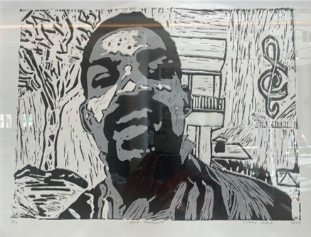 
Curtis Isele: Self Portrait (2023), woodcut.
