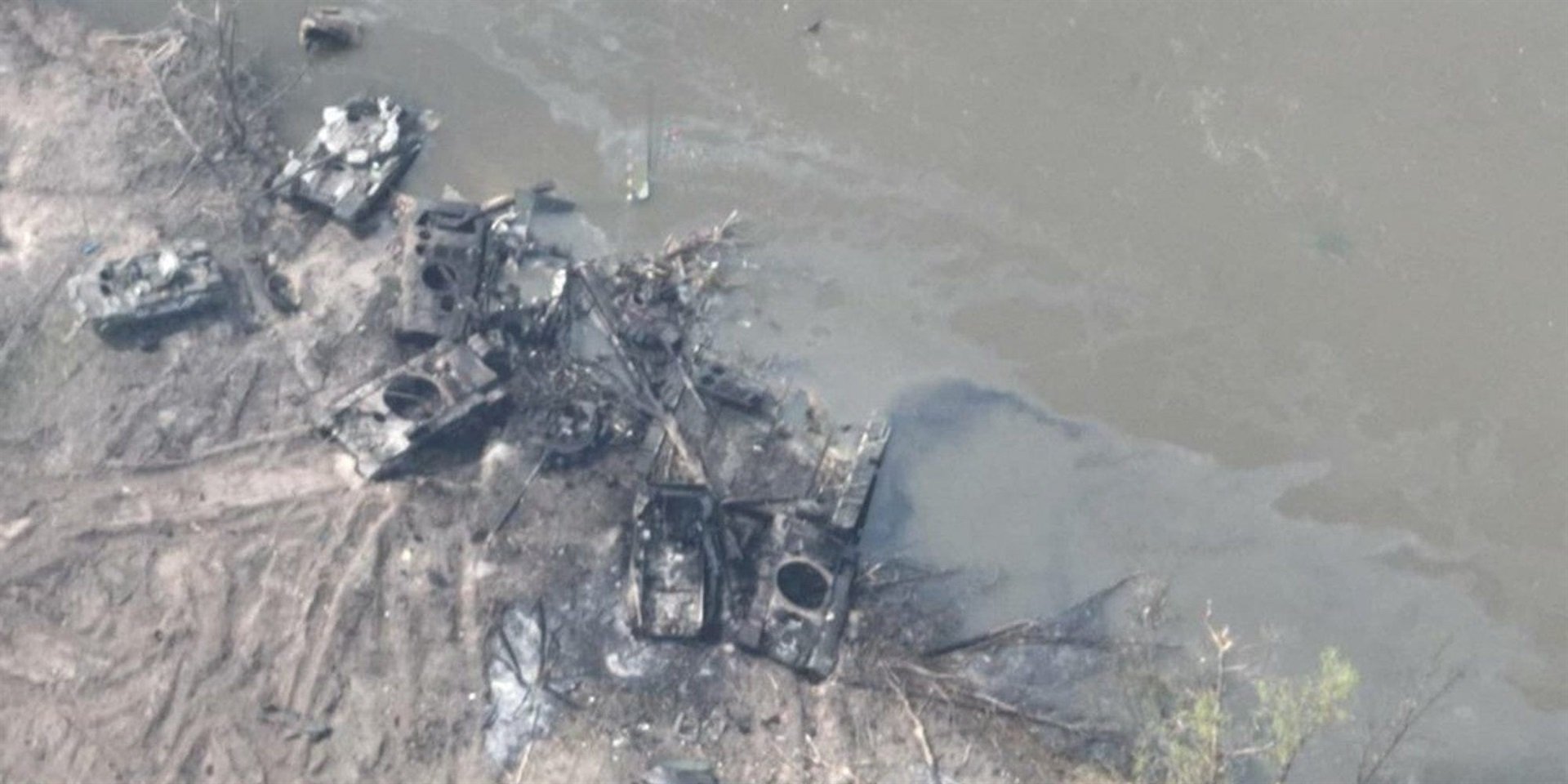 An image shared by Ukraine's department of defense, which it said shows Russian equipment destroyed at the Siverskyi Donets River.