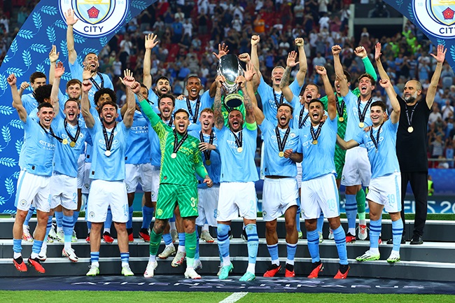 Manchester City celebrate winning the 2023 Champions League. (Chris Brunskill/Fantasista/Getty Images)