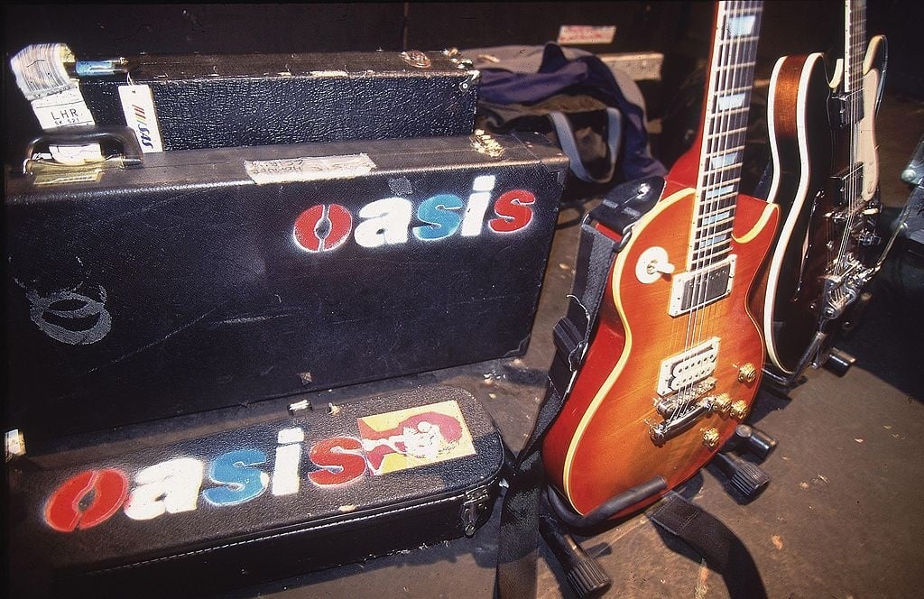 Noel Gallagher's guitars and guitar cases backstage. (Photo:  Mick Hutson/Redferns)