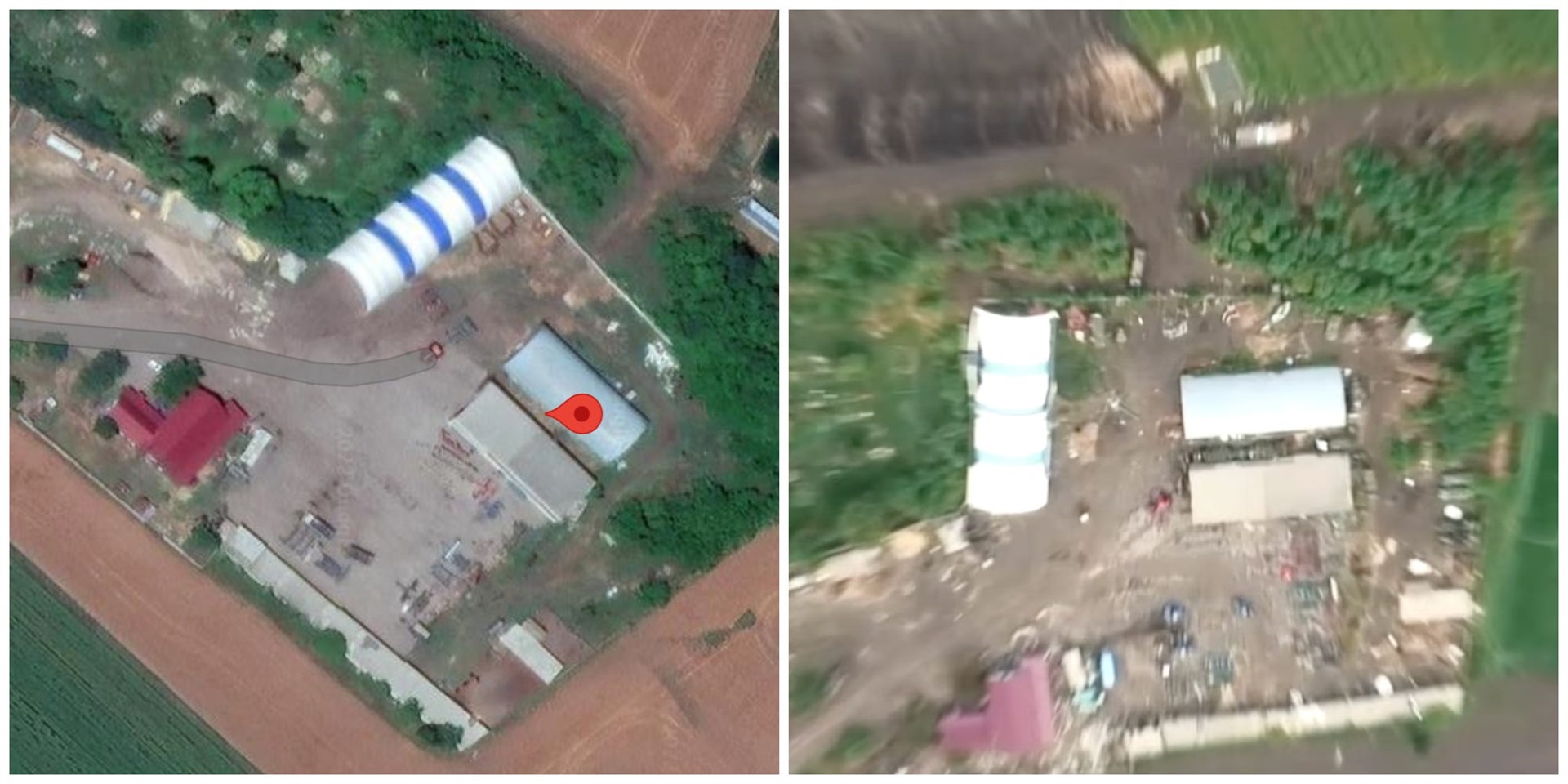 Left: Google Maps imagery dated 2022 of farmhouses in Izyum, Kharkiv Oblast. Right: The aerial view posted by the Ukrainian Army.