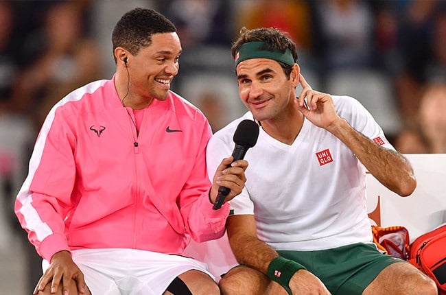 Trevor Noah and Rafael Nadal of Spain during the Match in Africa between Roger Federer and Rafael Nadal at Cape Town Stadium on February 07, 2020 in Cape Town.