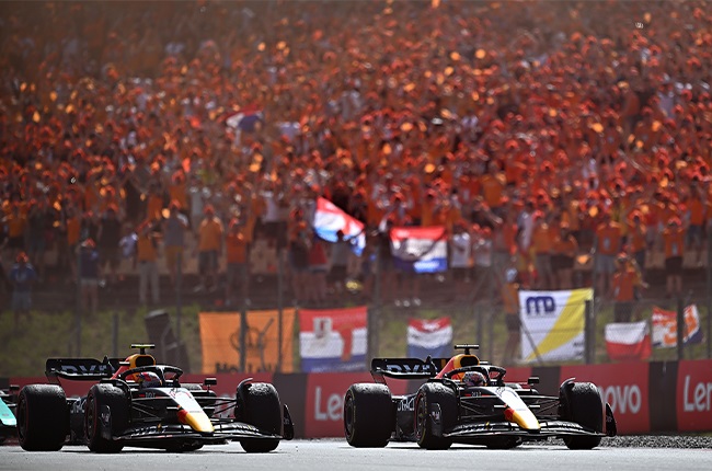 Max Verstappen (right) and Sergio Perez after securing Red Bull Racing's second 1-2 finish of the 2022 season at the Spanish Grand Prix.