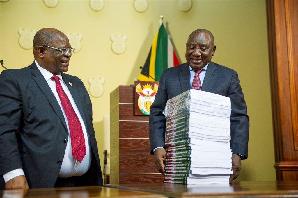 President Cyril Ramaphosa and Chief Justice Raymond Zondo at the final handover of the state capture report. 