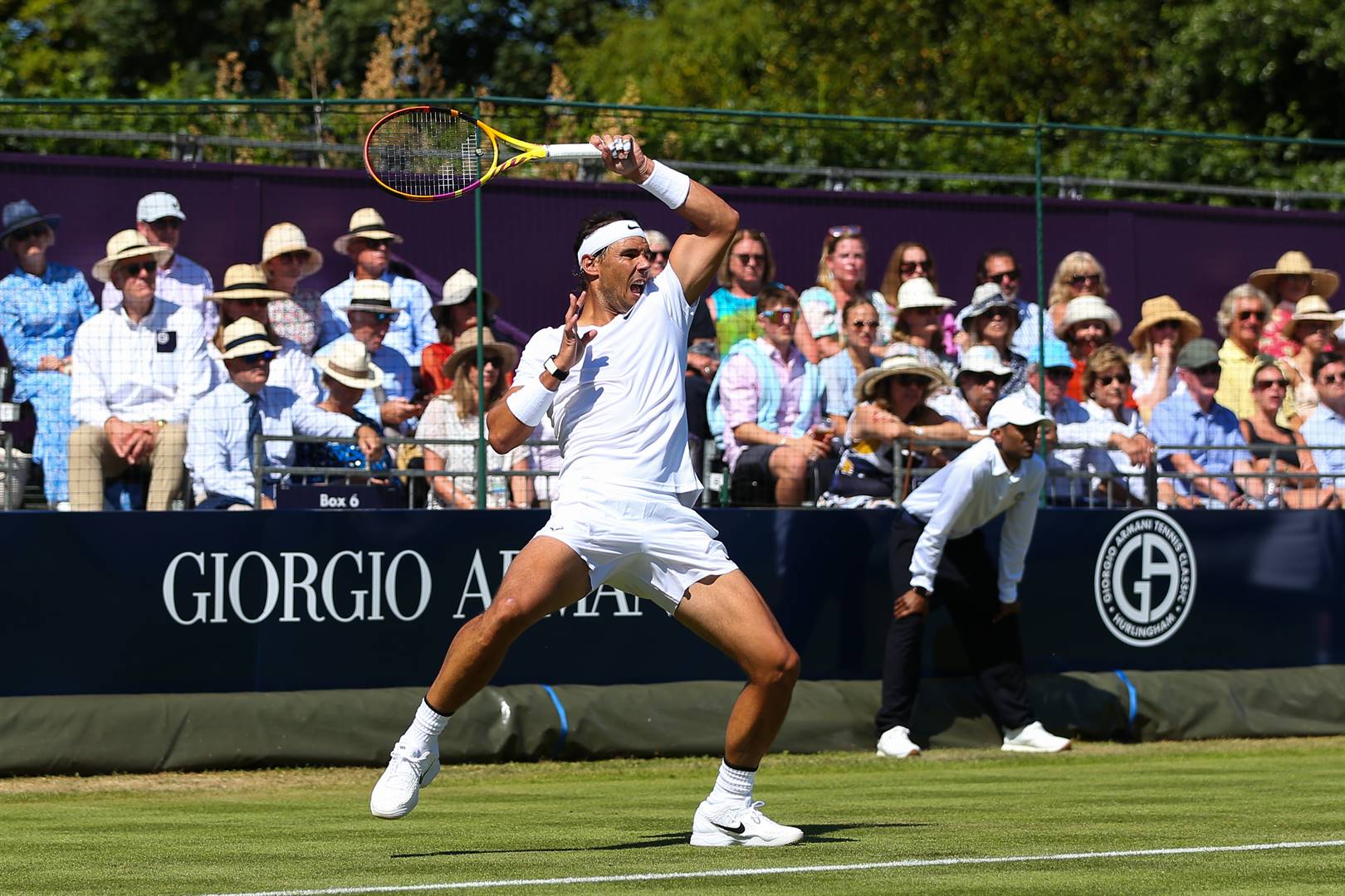 Rafael Nadal Woensdag in aksie teen Stan Wawrinka in die Giorgio Armani-toernooi by die Hurlingham-klub in Londen.  Foto: Getty Images