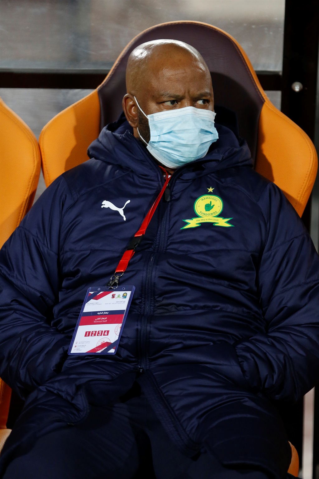 Mamelodi Sundowns coach Brilliant Manqoba Ferriman Mngqithi during the CAF Champions League 2021/22 football match between Al Ahly and Mamelodi Sundowns held at the Cairo International Stadium in Cairo, Egypt on 26 February 2022 Â©Weam Mostafa/BackpagePix