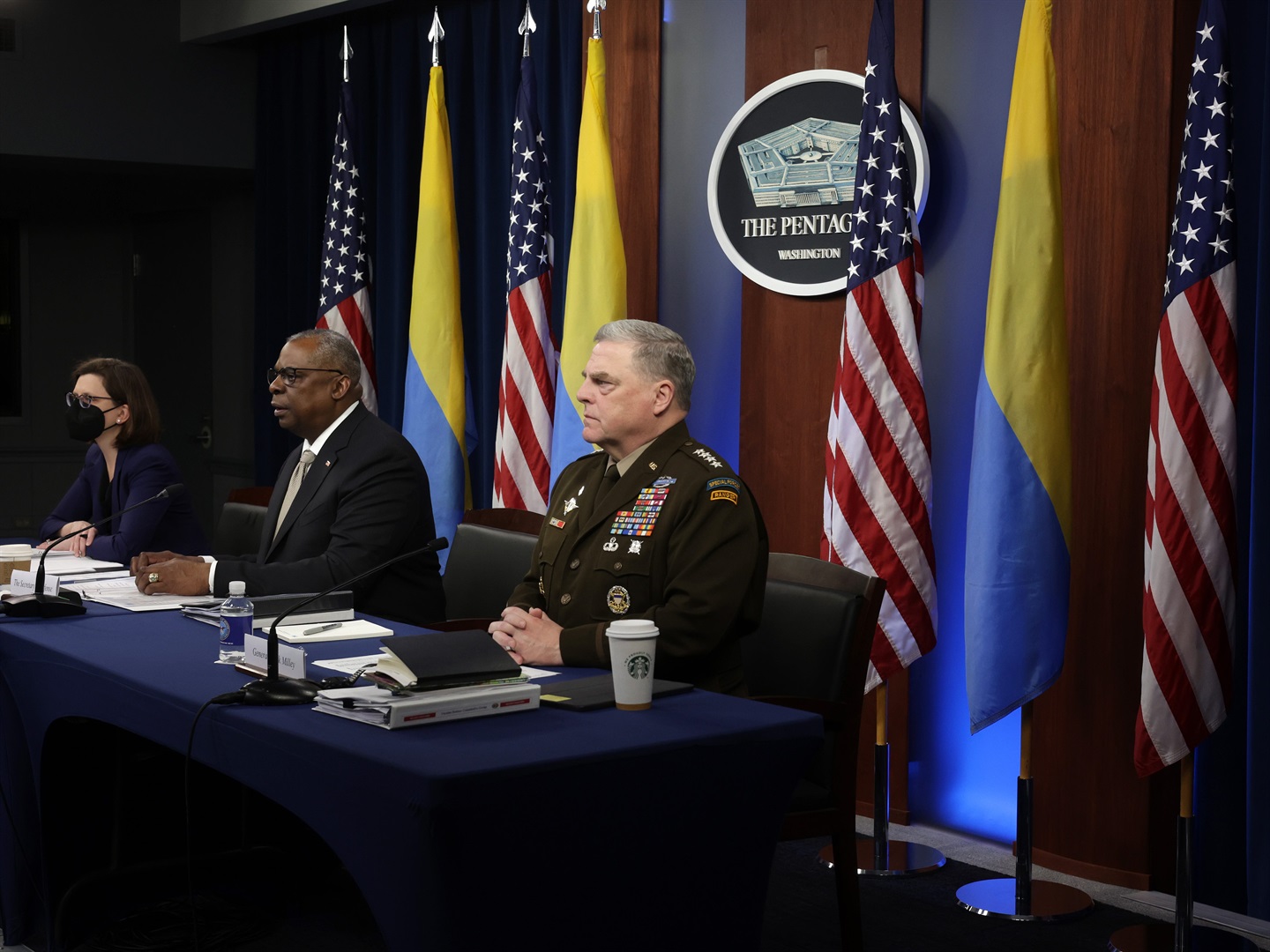 US Secretary of Defense Lloyd Austin (2nd L) gives opening remarks as Chairman of the Joint Chiefs of Staff General Mark Milley (R) and Deputy Assistant Secretary of Defense for Russia, Ukraine, Eurasia Laura Cooper (L) listen during a virtual meeting of the Ukraine Defense Contact Group at the Pentagon May 23, 2022 in Arlington, Virginia. Photo by Alex Wong/Getty Images