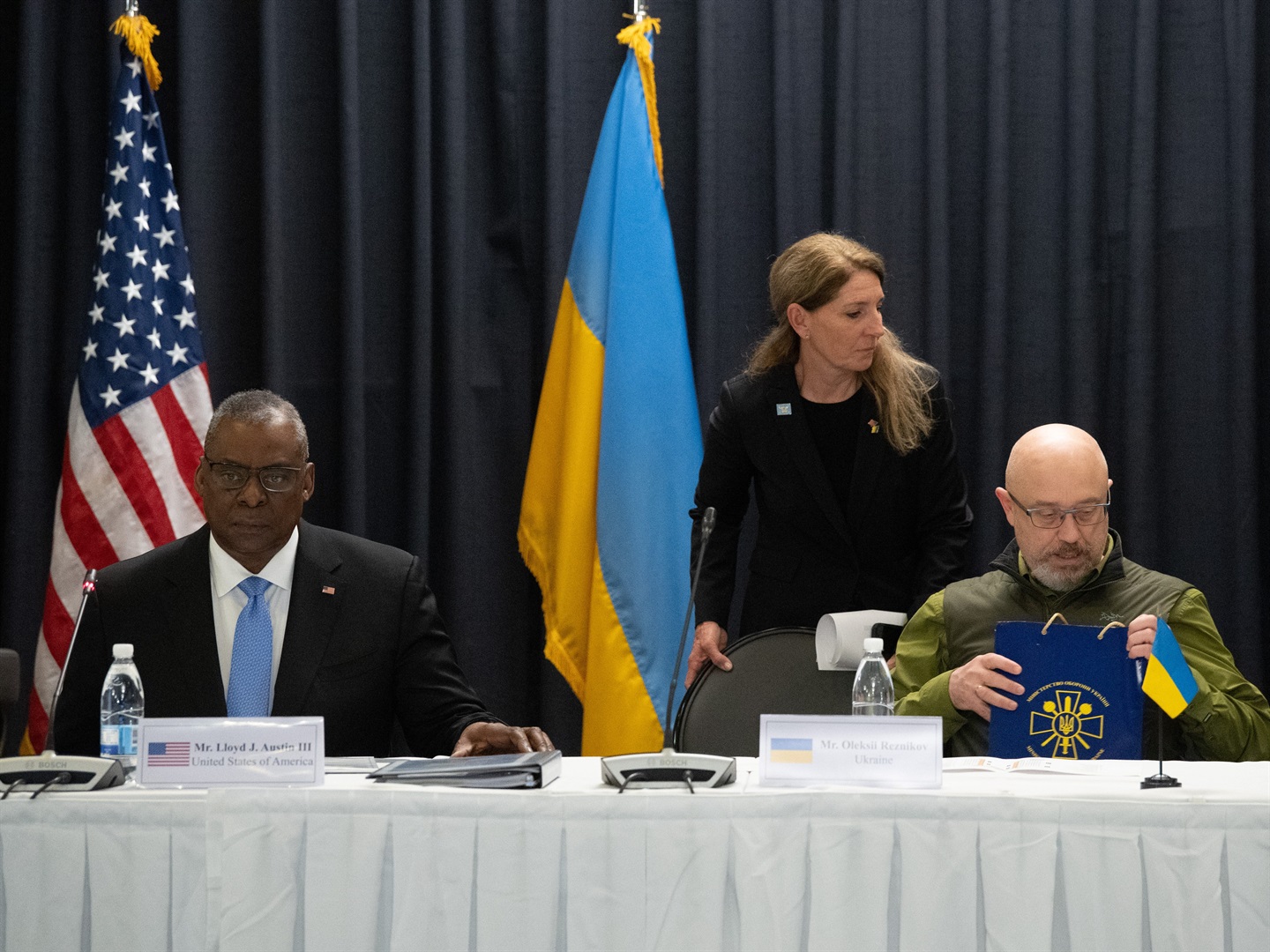 Rhineland-Palatinate, Ramstein: Lloyd Austin (l), U.S. Secretary of Defense, and Oleksiy Resnikov, Minister of Defense of Ukraine, at a conference on the Ukraine war at Ramstein Air Base on April 26, 2022. Photo by Boris Roessler/picture alliance via Getty Images