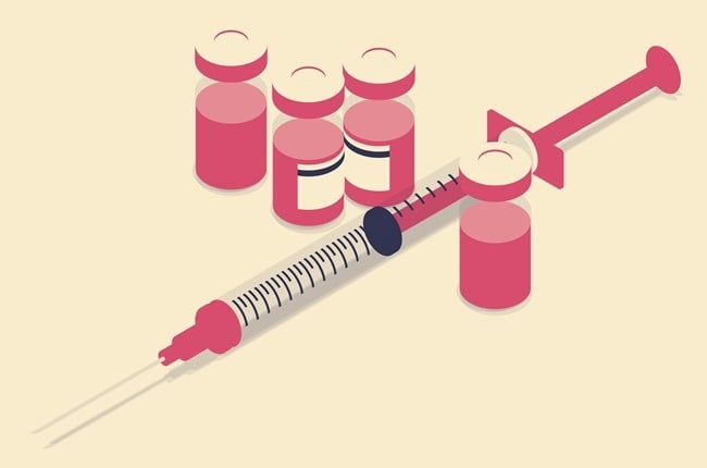 Illustration of a vaccine shown in four glass vials, along with a syringe, in isometric view. A limited color palette is derived from primary colors.