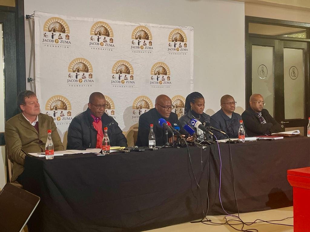 Former president Jacob Zuma's legal team led by Advocate Dali Mpofu, his foundation's spokesperson Mzwanele Manyi and his daughter Duduzile Zuma at the media briefing on steps he would be taking after the release of the final state capture report. 
