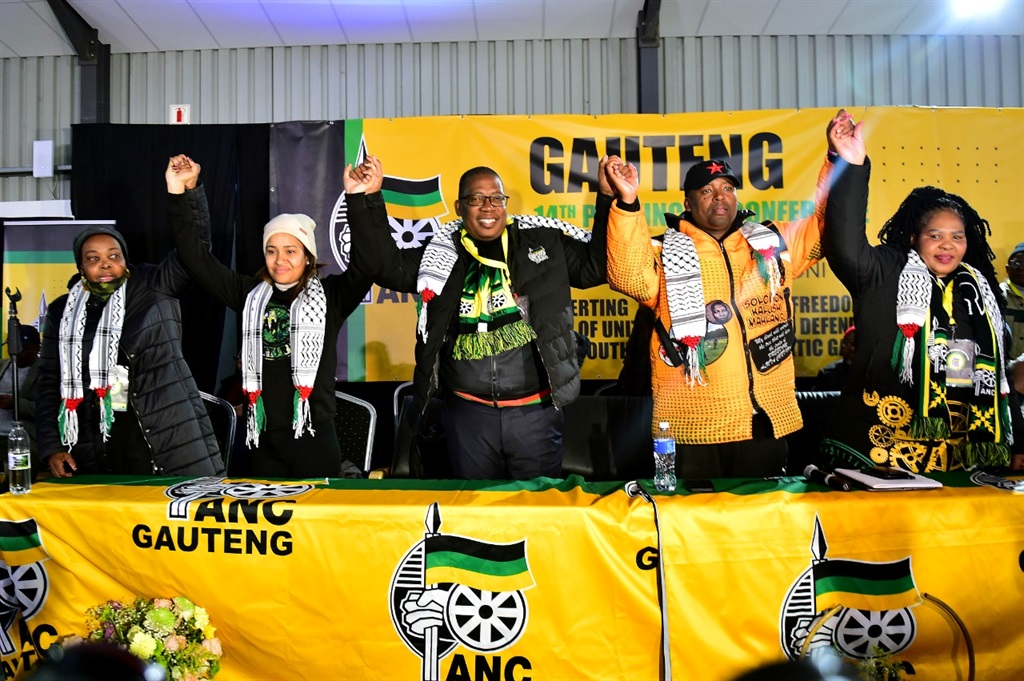 The Gauteng ANC's newly elected leaders, Morakane Mosupyoe, Tasneem Motara, Panyaza Lesufi, Thembinkosi Nciza and Nomantu Ralehoko. (Photo by Christopher Moagi)