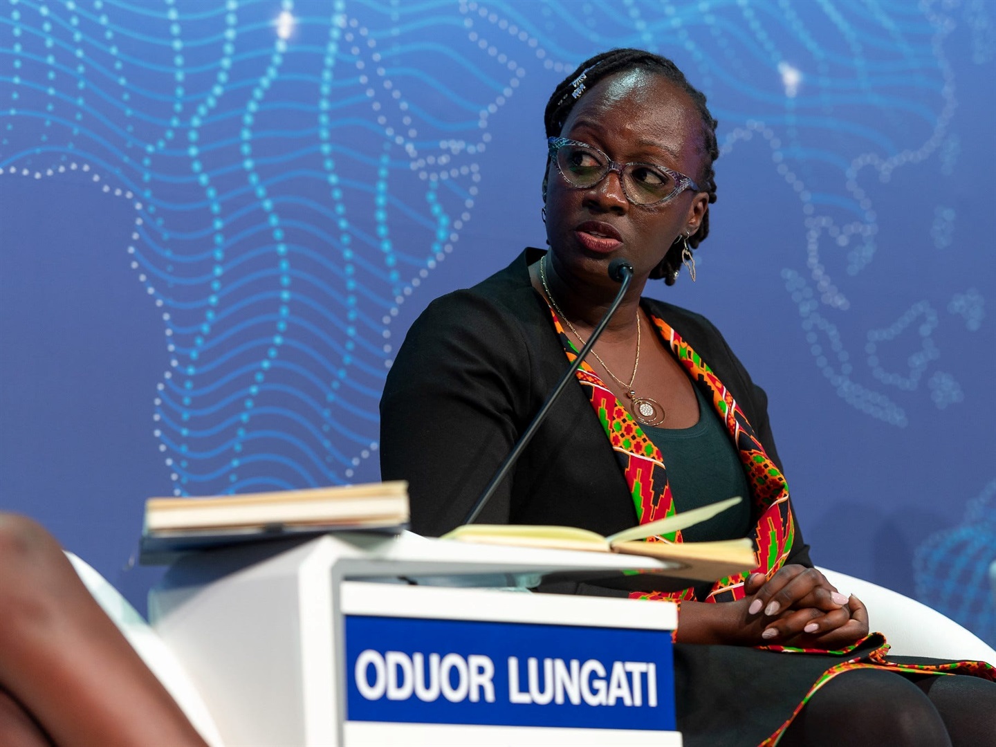 Angela Oduor Lungati, Executive Director, Ushahidi, South Africa, speaking on gender equality at the World Economic Forum in Davos, May 25, 2022. World Economic Forum/Sandra Blaser
