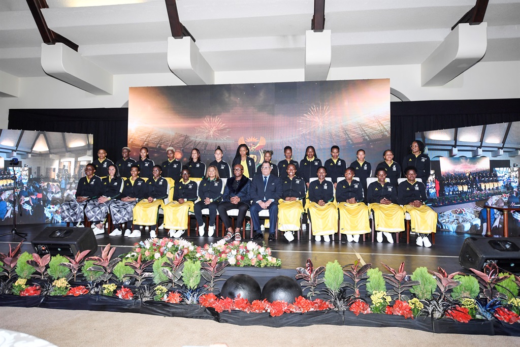 The 2023 FIFA Women's World Cup Banyana Banyana squad with sports minister Zizi Kodwa and SAFA president Danny Jordaan.  (Photo by Lefty Shivambu/Gallo Images)