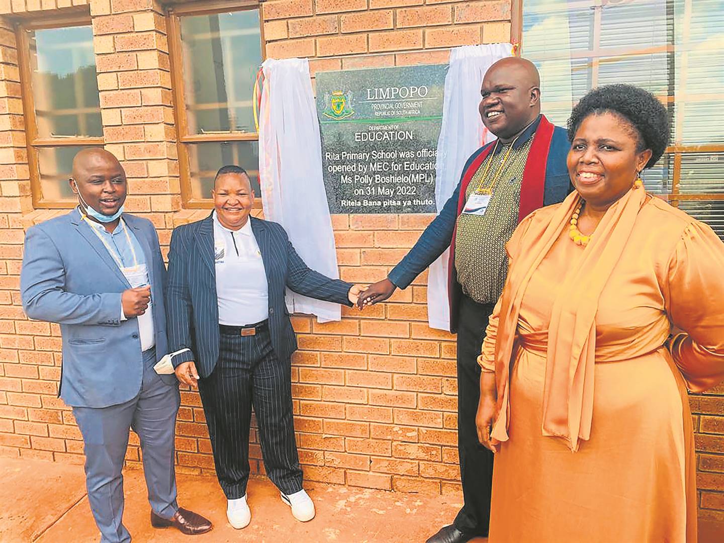 Councillor Mashale Mawasha, MEC Polly Boshielo, Councillor Thabiso Lepulane and (second from left) school. She is joined councilors Mashale Mawasha (left) Thabiso Lepulane (third from left) andMopani West District director Phillipine Modika during the official handover of the renovated and newly constructed Rita Primary School in Rita Village, outside Tzaneen, last week. 